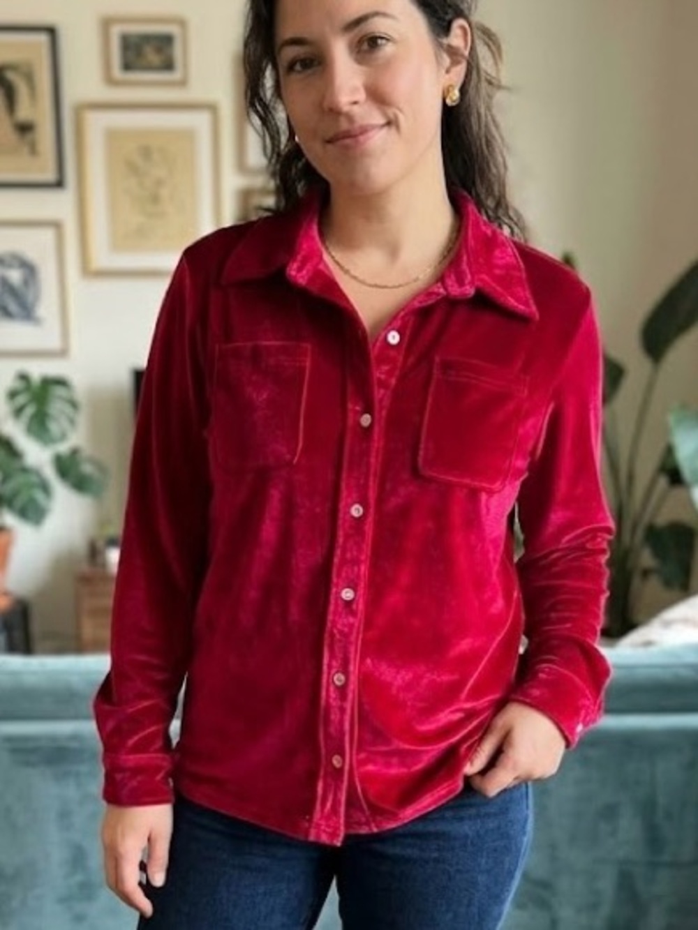 Ruby Red Velvet Velour Button-Down Long Sleeve Shirt Luxe Shacket Romantic